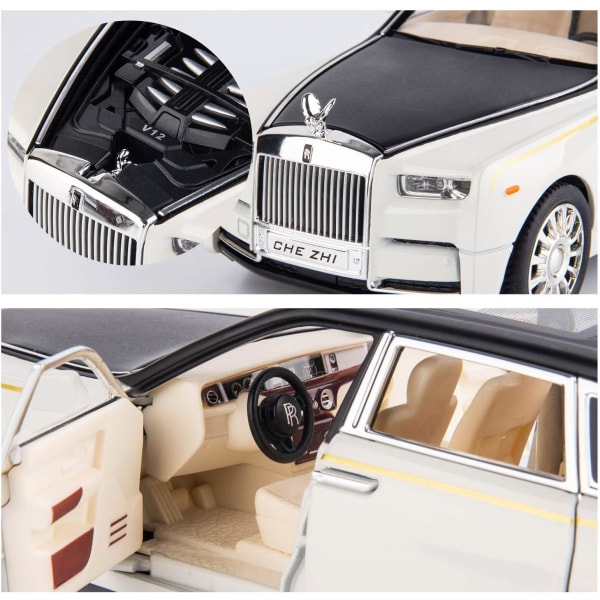 1/24 Rolls-Royce Phantom mallibil, zinklegering Pull Back leksaksbil med ljud och ljus för barn Pojke present black and white