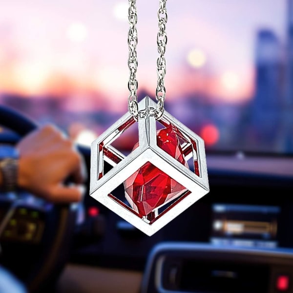 Red Diamond Cube Crystal Car Backspegelberlocker, Bling biltillbehör, Sun Catcher hængende prydnad med kæde, bilberlock og heminredningsprydnad (Re red