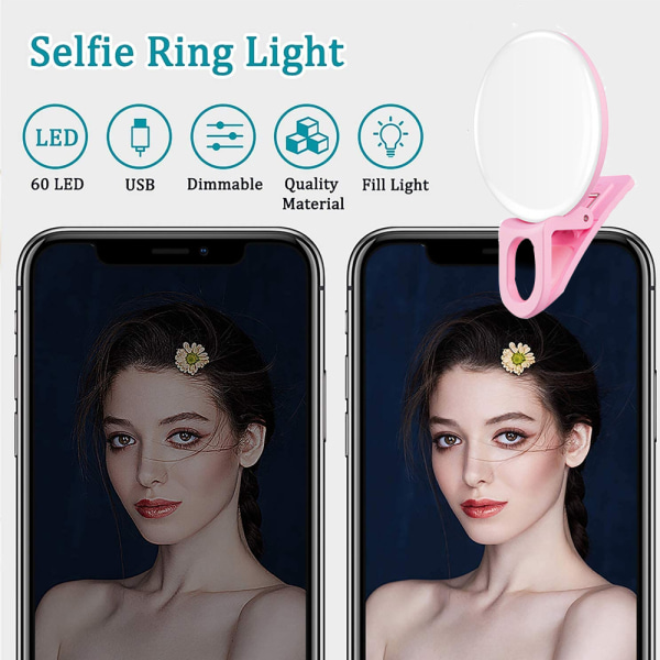 Selfie Clip on Ring Light, mini genopladelig pink