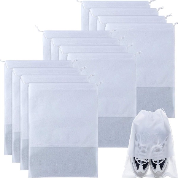17,3 X 12,6 tommer hvit 12 stykker Oppbevaringspose for reisesko Ikke-vevd oppbevaringsveske Bærbar skoveske med gjennomsiktig vindu for daglig og reise