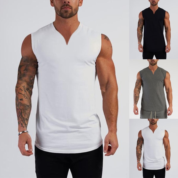 Män V-hals ärmlös väst Sport Fitness Muscle Tank Tops white 2XL