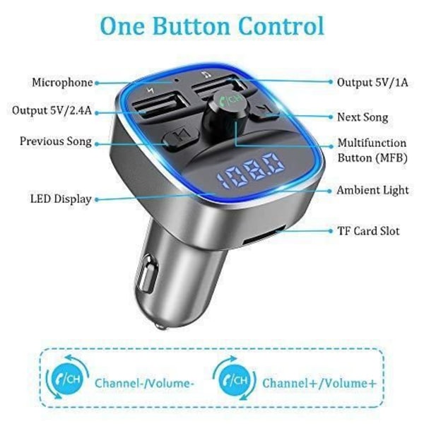 Bovon Bluetooth FM-sender, trådløs bilsats FM-sändare Radioadapter MP3-afspiller med håndfri, dobbelt USB Blue ambient light