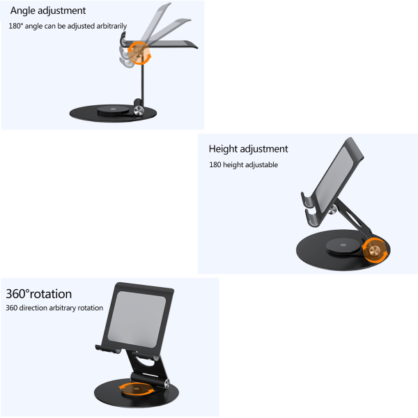 Tablettställ av aluminiumlegering Universal matkapuhelin Vinkel Justerbar 360° rotation for 4-13 tums mobilplatta Black