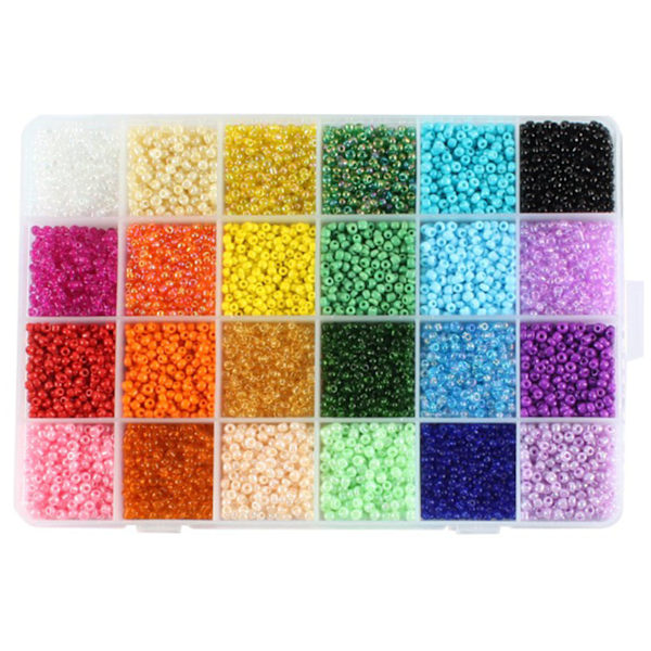 3mm Glass Seed Beads Set med saks, hummerlås, elastisk tråd - DIY håndverksett for smykkefremstilling med 24 rutenett