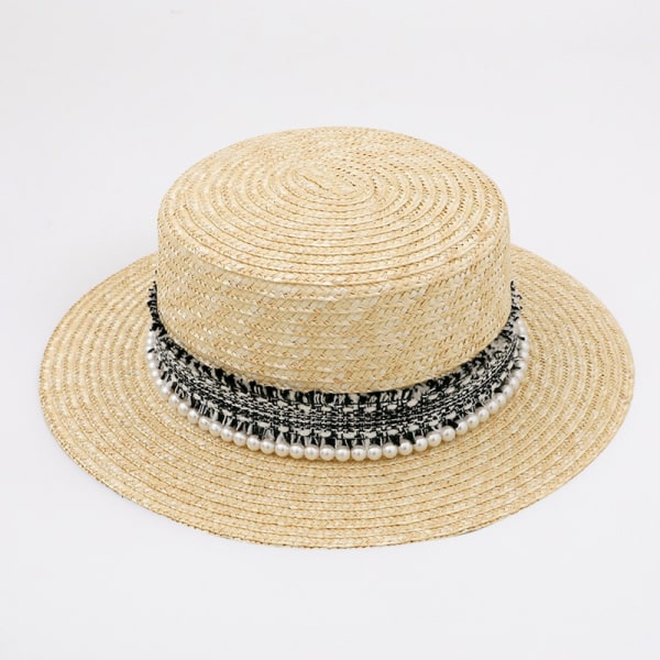 Wheat Straw Hat Justerbar Flat Top Straw Hat för damer Lämplig för sommarstränder 56-60 cm (pärla)