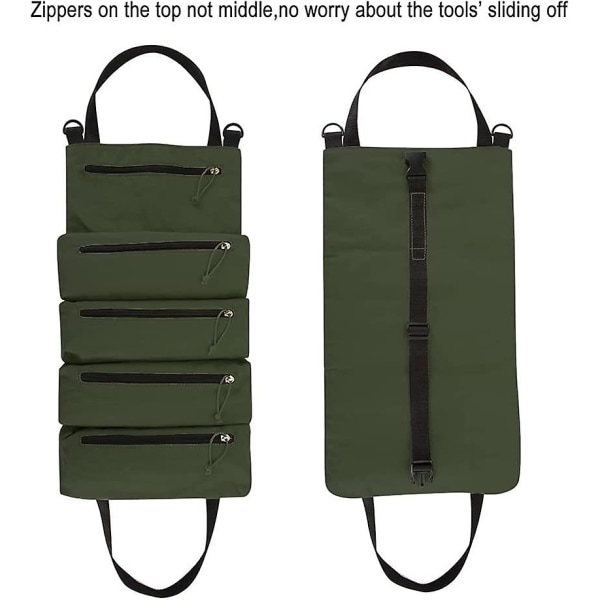 Tool Roll Organizer Bag, Heavy Duty Canvas Tool Storage Pouch With 5 Zipper Pockets For Wrenches, Sockets, Screwdrivers And More (army Green)