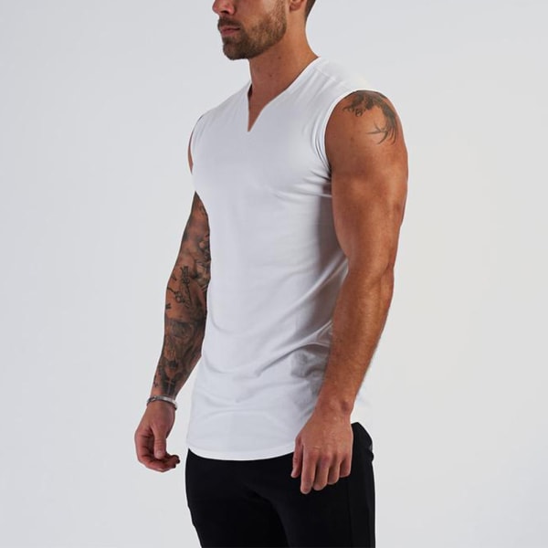 Män V-hals ärmlös väst Sport Fitness Muscle Tank Tops white L