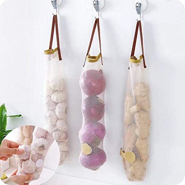 Reusable Storage Bags In Mesh For Fruits And Vegetables - For Garlic, Onions, Potatoes, 3pcs Beige Grocery Stores