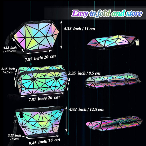 3-delers sminkevesker for kvinner, bærbar reise kosmetikkveske Organiseringsveske med håndleddsrem Toalettvesker Lysende geometrisk og reflekterende folier