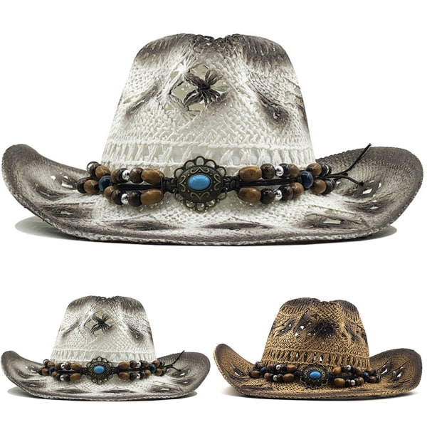 Hollow Western Cowboy Hat Kvinnor Män Handgjord Beach Sun Hat White