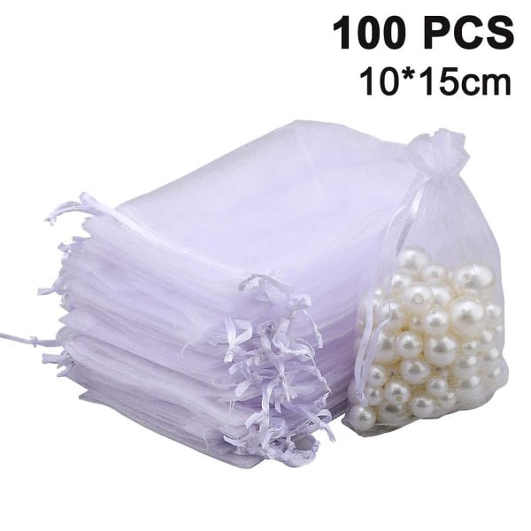 Hvid 10x15cm 100 stk. Gennemsigtige snøre-smykkeposer Bryllupsfest Julegaveposer med snøre-gavepose