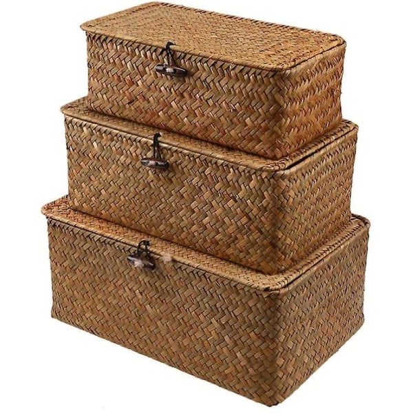 Woven Basket Wicker Basket With Lid Seagrass Laundry Rattan Organizer Box For Bathroom Living Room Kitchen