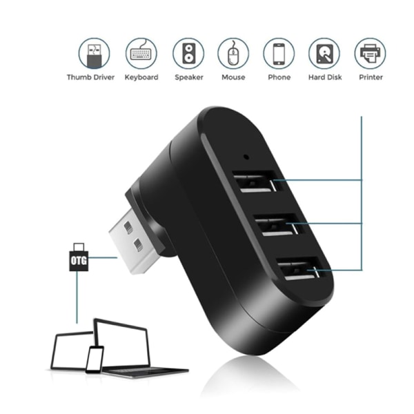 3-porttinen Multi 2.0 USB HUB High Speed Rotate Splitter Adapter Rotate 3 ports black