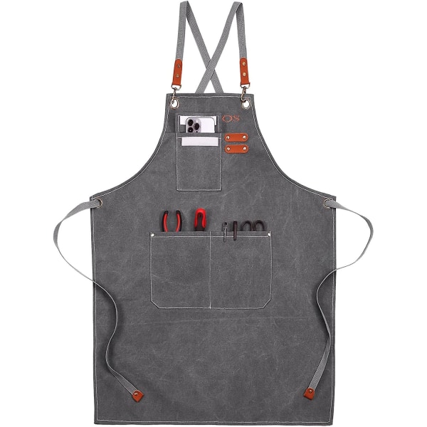 Canvas Work Apron, Multifunction Work Apron With 3 Tool Pockets,tool Apron With Cross Back,for Barber Painter Gardener Barista Welding Cook