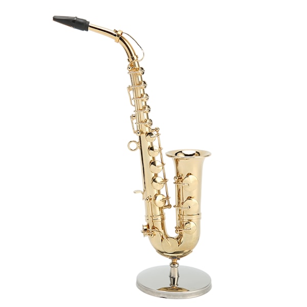 Handgjord miniatyr altsaxofon prydnad dekoration med stativ - Liten saxofon för dockhus (16cm)