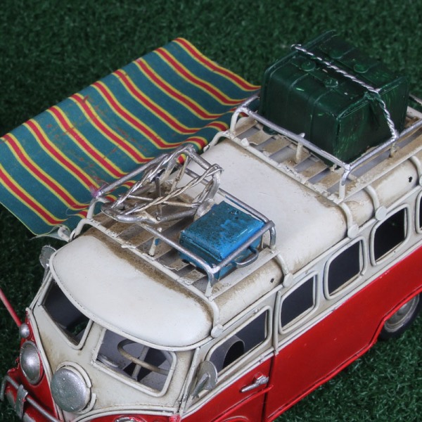 Metall Bilmodell Vintage RV Husbil Leksak Simulering Limousine Strandbuss Heminredning För Desktop Hylla