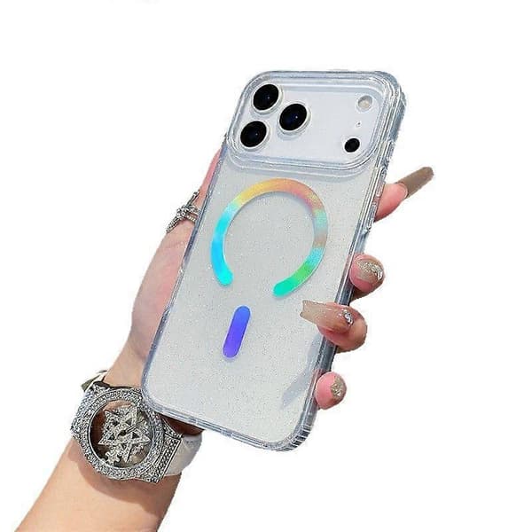 Holografisk Glitter MagSafe iPhone-deksel til iPhone 17 - Klart Glitterdeksel med Regnbue Magnetisk Ring