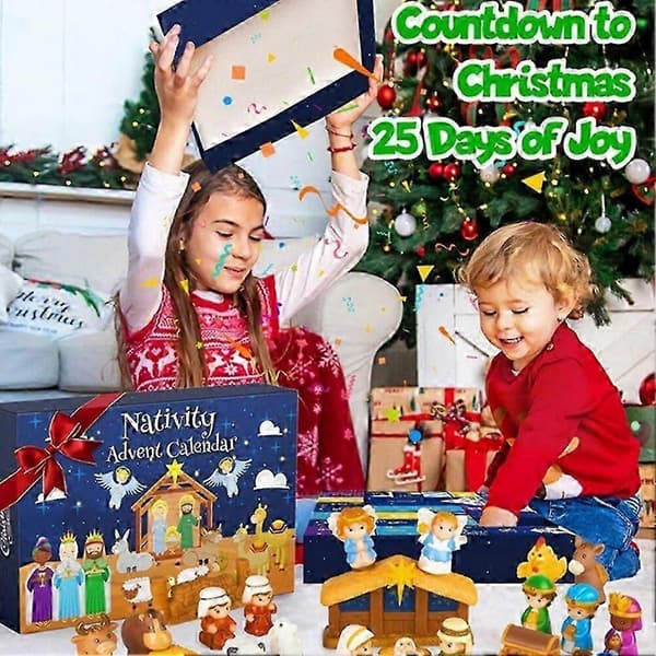 Festlig julepynt og gave, julekalender for barn med 25 julekrybbe-figurer