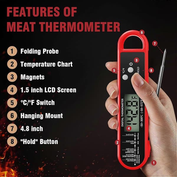 Digital kötttermometer svart, direktavläst stektermometer, matlagningstermometer, lång sond och LCD-skärm, avstängning för biff, mat, grill, bakning