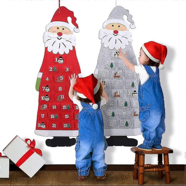 Julepynt til rum, dør og træ, filt julemand adventskalender med 24 tællelommer