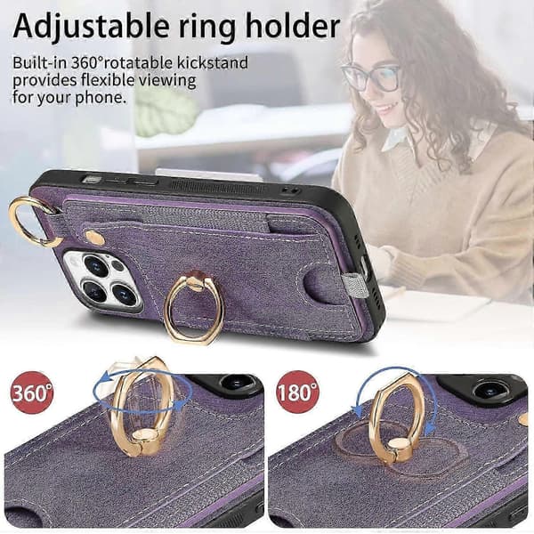 Til iPhone 16 Pro etui kortpladser læder+tpu telefoncover med ringespænde - sort