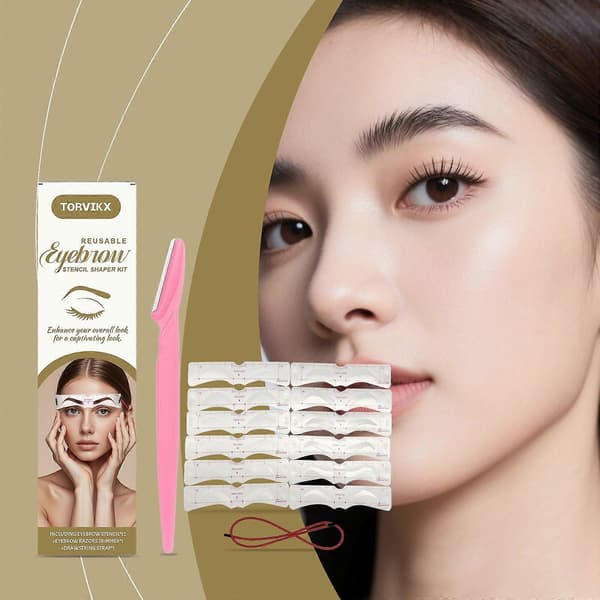 Reusable Eyebrow Stencil Shaper Kit - 12 Eyebrow Stencils, 1 x Eyebrow Razor Trimmer, 1 x Drawstring Band, 3 Minute Makeup