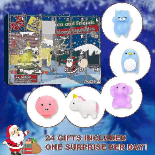 Jule-adventskalender til børn med 24 forskellige søde Mochi-dyr, squishy legetøj til nedtælling