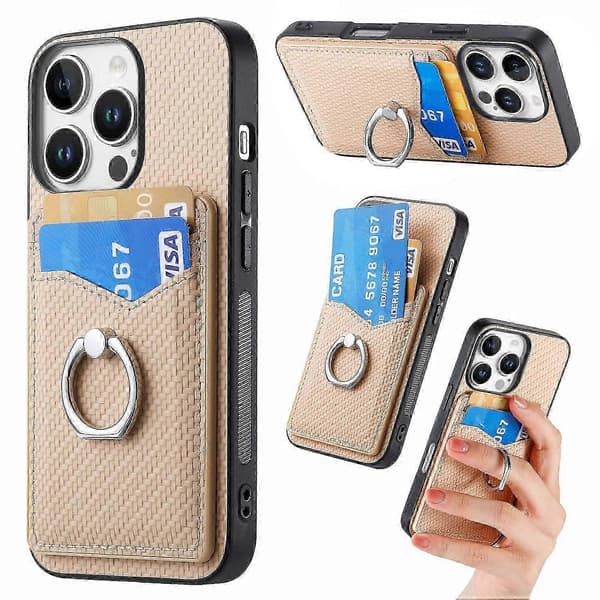 Til iPhone 16 Pro Cover Kortpladser Ringholder Støtteben Telefoncover - Abrikos