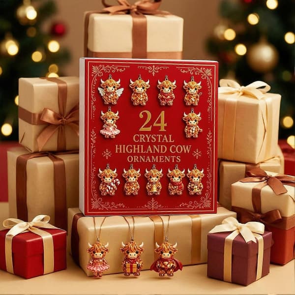 Highland Cow Adventskalender – 24 hengende akrylpynt – til juletrefest