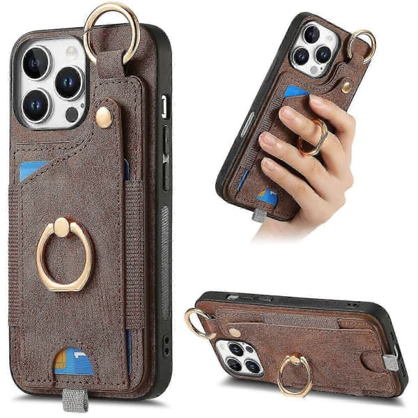 Til iPhone 16 Pro etui kortpladser læder+tpu telefoncover med ringespænde - sort