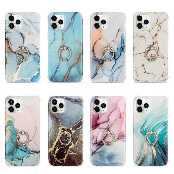 For iPhone 13 For iPhone 13 Fire Hjørner Støtsikkert Flytende Gull Marmor IMD Bakdeksel Med Metall Rhinestone Ring For iPhone 13