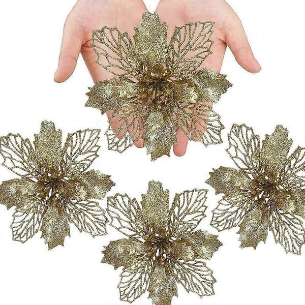 12 stk. kunstige juleblomster, julestjerner, juleblomster, juletrepynt (gull)