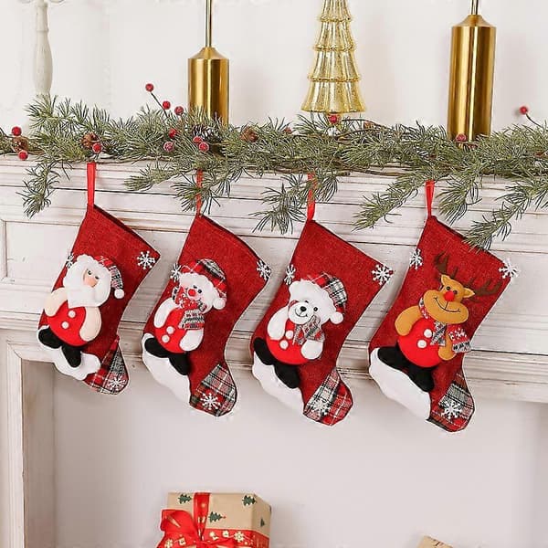 Mellemstore julesokker i hør, julepynt, julegaveposer, julepynt til ophæng, bjørnedesign.