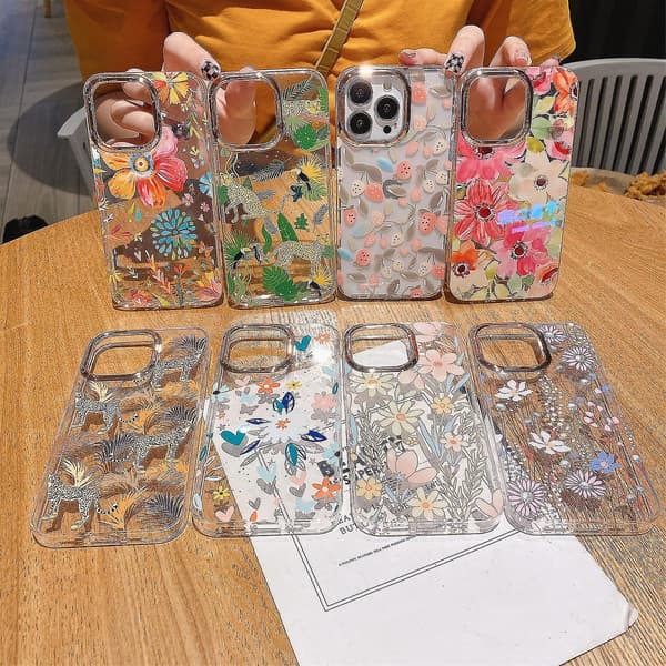 Glitterpulver Blomsterdeksel til iPhone 13 Pro Max Brun Leopard S5