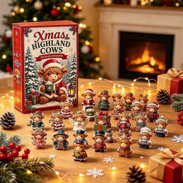 Jule-adventskalender, 24-delt 2D flad akryl tegneserie-ko mini-pynt, bondegårds-julepynt