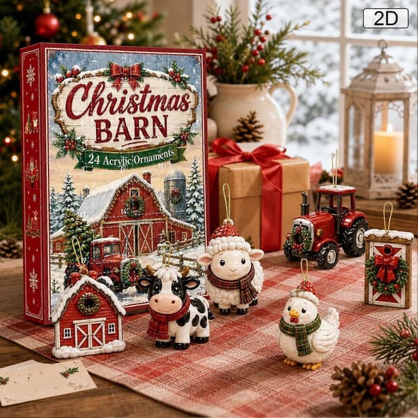 Gårds-adventskalender til jul, 24-delt akrylpyntsett med rustikk låvedesign