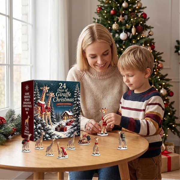 Giraf-julekalender, 24 stk. akrylpynt med julemands-hue-design