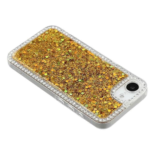 Kompatibel med iPhone 16e-deksel Rhinestone Edge Glitter Epoxy TPU-telefondeksel (gull)