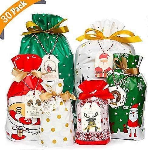 Julklappspåsar med dragsko 30 st blandade julklappspåsar uppgraderade julgodispåsar för julfest med julklappsetiketter