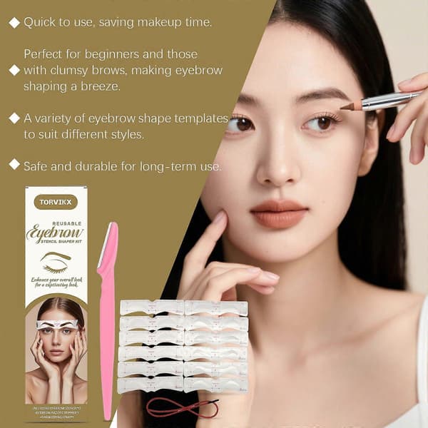 Reusable Eyebrow Stencil Shaper Kit - 12 Eyebrow Stencils, 1 x Eyebrow Razor Trimmer, 1 x Drawstring Band, 3 Minute Makeup