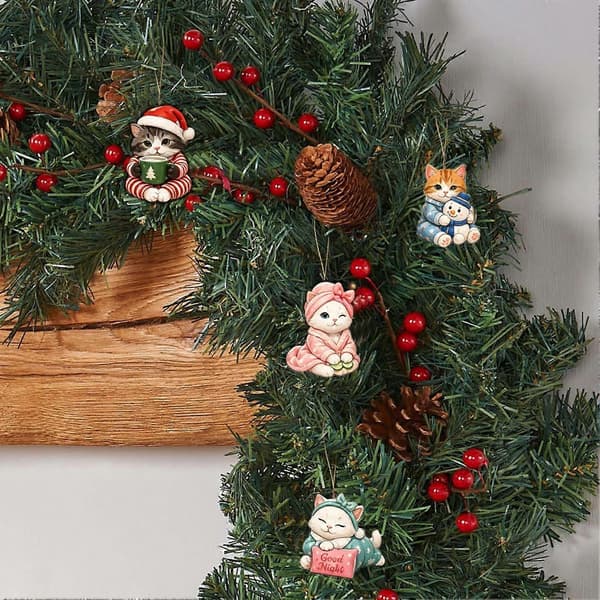 Katte-adventskalender til jul, 24 stk. akrylpynt med søvnig katt-design