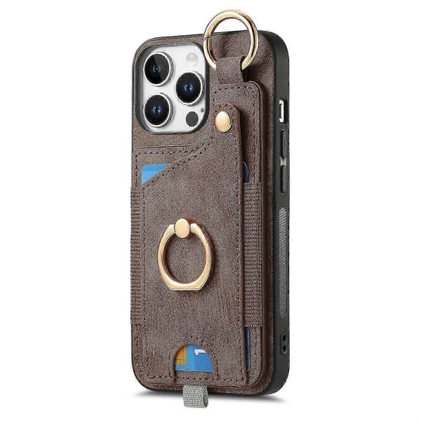 Til iPhone 16 Pro etui kortpladser læder+tpu telefoncover med ringespænde - sort