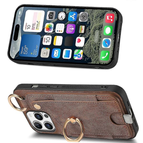 Til iPhone 16 Pro etui kortpladser læder+tpu telefoncover med ringespænde - sort