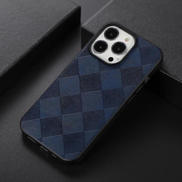 Kudottu ruudullinen PU-puhelinkotelo iPhone 13 Pro Maxille, sininen