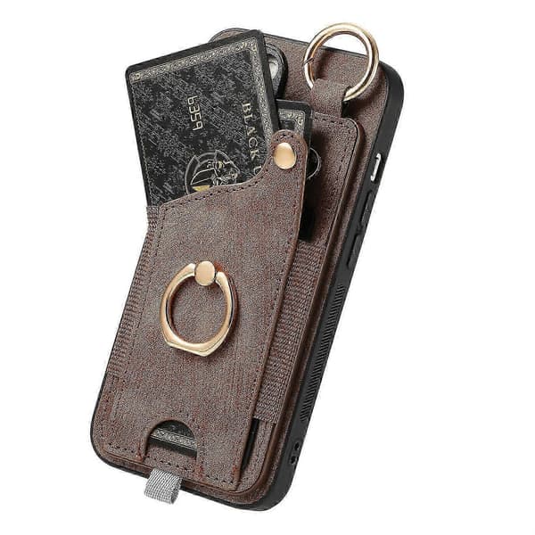 Til iPhone 16 Pro etui kortpladser læder+tpu telefoncover med ringespænde - sort