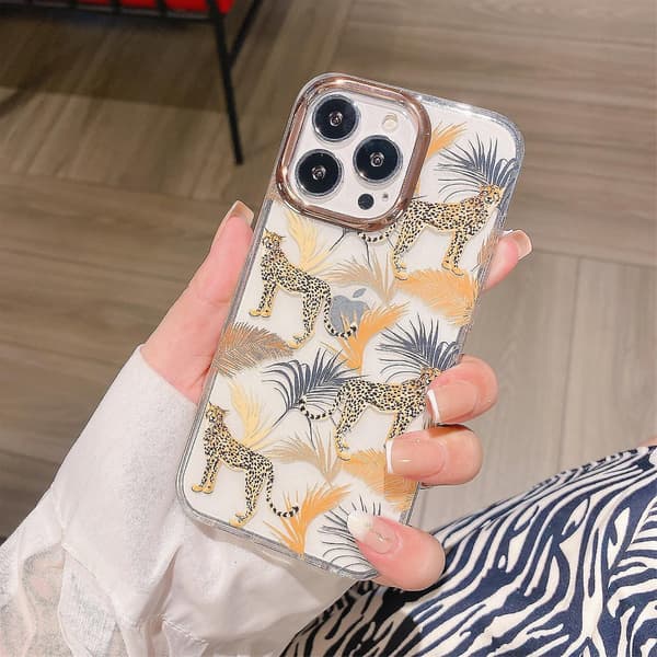 Glitterpulver Blomsterdeksel til iPhone 13 Pro Max Brun Leopard S5