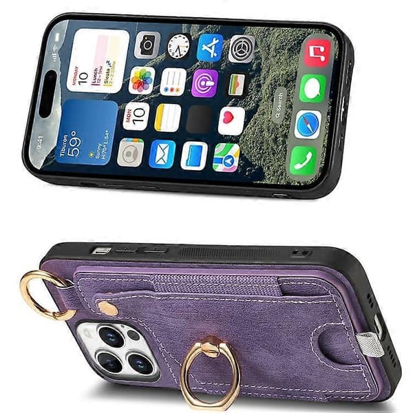 Kompatibel til iPhone 16 Pro etui med kortpladser i læder+TPU telefoncover med ringlås