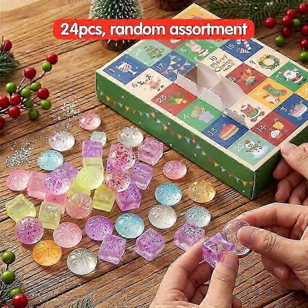 24 stk. jule-nedtellingskalender, glitrende squishy fidget-leker, assorterte mini-julepynt, overraskelses-blindboks-gave til gutter og jenter