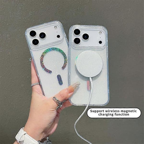 Holografisk Glitter MagSafe iPhone-deksel til iPhone 17 - Klart Glitterdeksel med Regnbue Magnetisk Ring
