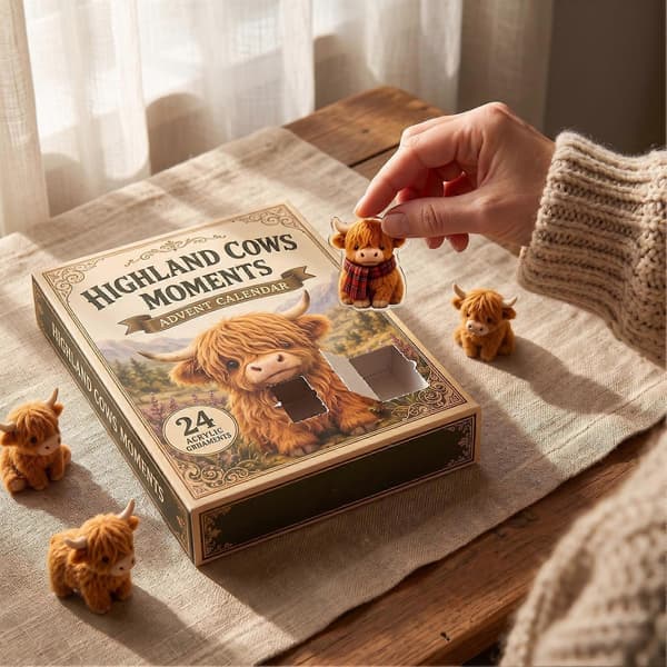 Highland Cow Julekalender 2026, jule-nedtælling med akrylfigurer